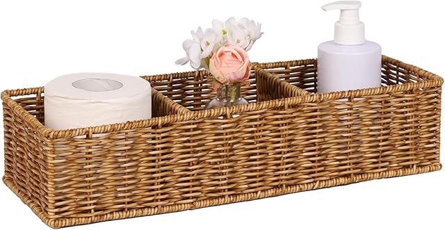 Wicker Toilet Paper Basket: 3 Water-Resistant Compartments Organizer - Extra-Large Storage for Bulk Rolls & Toiletries (Farmhouse & Scandinavian, Tan)