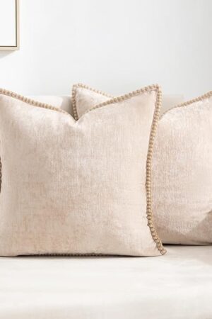 Chenille Soft Spring Throw Pillow Covers 18x18 Set of 2, Farmhouse Velvet Decorative Pillow Covers with Stitched Edge for Living Room Couch Bed Beige