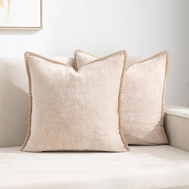 Chenille Soft Spring Throw Pillow Covers 18x18 Set of 2, Farmhouse Velvet Decorative Pillow Covers with Stitched Edge for Living Room Couch Bed Beige