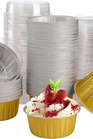 DEAYOU 100-Pack Aluminum Foil Baking Cups with Lids, 5oz Disposable Muffin Cupcake Ramekins, 3" Recyclable Cupcake Foil Liners Mini Tart Pie Tin Pan Holder for Souffle, Pudding, Party, Wedding, Gold