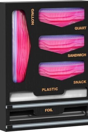 DALSHABET Bamboo Bag Organizer with Magnetic Closure, 6 In 1 Kitchen Drawer Foil and Plastic Wrap Dispenser with Cutter, Storage bag for Gallon, Quart, Sandwich, Snack Black