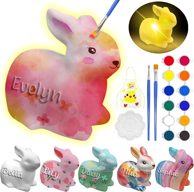 The Spricoz Paint Your Own Bunny Lamp Kit - Easter Basket Stuffers - Custom DIY Name Craft Night Light - Easter Toys Gifts for Toddlers - Art Supplies Arts & Crafts Kit for Girls Boys Kids 6-12 (Bunny)