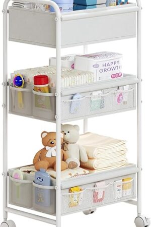 3-Tier Baby Diaper Caddy Cart Organizer,Mobile Nursery Organization with Wheels,with 2 Dividers & 14 Mesh Pockets Durable Metal Utility Cart for Nursery, Bedroom, Bathroom Essentials Organization
