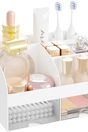 Bathroom Countertop Organizer, Toothbrush Holders for Bathroom, 6 Slots Toothpaste Bath room Counter Sink Organizer with Drawers, Plastic Organizers and Storage for Vanity (White)