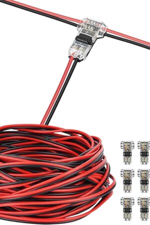 65.6ft 22 Gauge AWG LED Extension Cable Wire Cord and 12 Pcs 3 Way Wire Connectors T Tap Low Voltage 2 Pin Small Wire Connectors No Wire Stripping