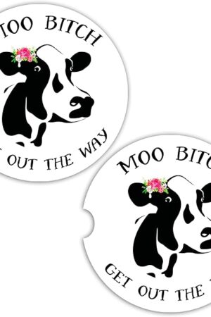 Cow Car Coasters for Cup Holders - 2 Pack Cute Cow Print Car Accessories for Women, Funny Highland Cows Stuff Decor, Absorbent Ceramic Cup Holder Coaster for Car to Keep Clean, Country Western Gift