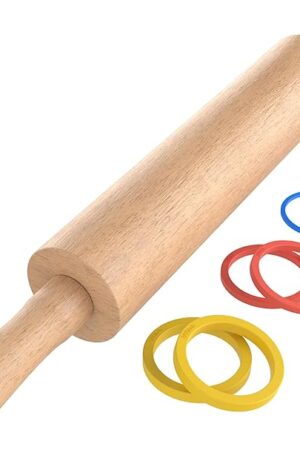 Classic Wooden Rolling Pin with Handle for Fondant, Pizza, Pies, Cookies, Pastries, Rolling Pin for Baking with 3 Multi-Color Thickness Rings, 17"x2.5" (Include handle) Beechwood Rolling Pin
