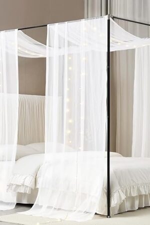 Akiky Canopy Bed Curtains with Light Princess Bed Canopy Scarf for Full/Queen Metal Bed Frame,Wood Frame Bed-2 Panel Sheer Curtain(Full/Queen,White)
