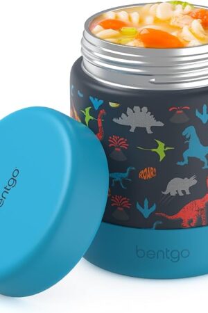Bentgo Kids Stainless Steel Food Jar - 11oz Leak-Proof Double Insulated Hot or Cold Food Container with Removable Silicone Bumper, Dishwasher Safe, Easy Open Lid, Ages 3+ (Dinosaur)