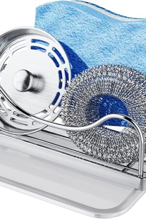 Consumest Sponge Holder for Kitchen Sink - Movable Sink Caddy for Countertop Organizer, 304 Stainless Steel Sponge Holder with Detachable Drip Tray for Kitchen Accessories-Silver