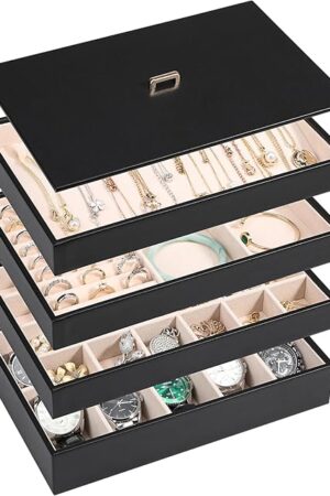 Voova Stackable Jewelry Organizer Tray with Lid, PU Leather Jewelry Storage Holder for Drawer Inserts, Jewellery Display Box Case for Earring Necklace Ring Watch Bracelet (Set of 4, Black)