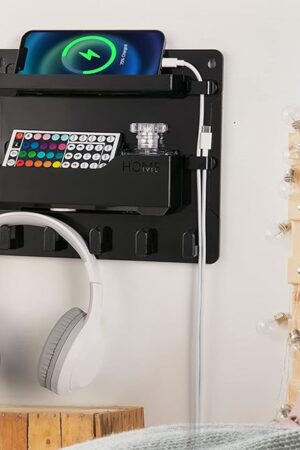 Bedside Wall Mount Shelf, Adhesive Bedside Organizer for Remote?Phone?Glasses. Bedside Accessories Storage suitable for College Dorm ?bunk bed ? Bedroom?Rv（Black）
