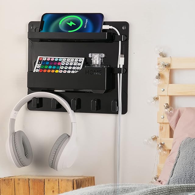 Bedside Wall Mount Shelf, Adhesive Bedside Organizer for Remote?Phone?Glasses. Bedside Accessories Storage suitable for College Dorm ?bunk bed ? Bedroom?Rv(Black)