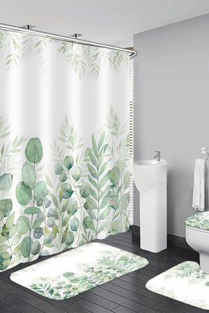 DDQQ Green Leaves Shower Curtain Sets with Non-Slip Rug, Toilet Lid Cover and Bath Mat, Plant Leaves Shower Curtain Sets with 12 Hooks, Shower Curtain for Bathroom Set Decor