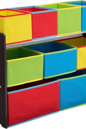 Delta Children Deluxe Multi-Bin Toy Organizer with Storage Bins, Dark Chocolate/Primary Colored Bins