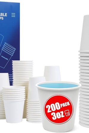 200 Count 3oz Disposable Paper Cups, Bathroom Mouthwash Cups, Leak-Free Food Safe Small White Paper Mini Cups for Bathroom