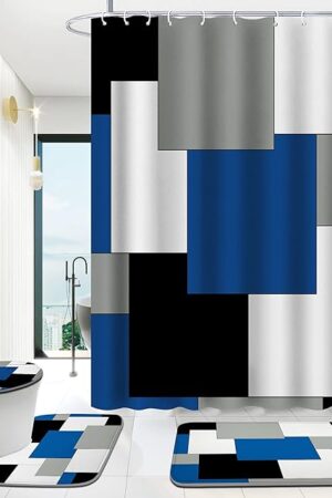 Blue Bathroom Sets with Shower Curtain and Rugs, 4 Piece Geometric Bathroom Shower Curtain Set with Rugs, Incl Shower Curtain with 12 Hooks, Bath Mat, U-Shaped Floor Mat, Toilet Lid Oval Rug