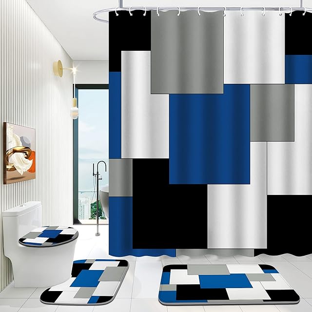 Blue Bathroom Sets with Shower Curtain and Rugs, 4 Piece Geometric Bathroom Shower Curtain Set with Rugs, Incl Shower Curtain with 12 Hooks, Bath Mat, U-Shaped Floor Mat, Toilet Lid Oval Rug