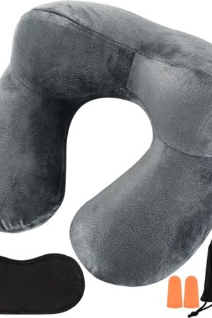 1 PcsInflatable Travel Pillows for Sleeping Airplane Inflatable Neck Pillow for Traveling Pillow Inflatable Travel Neck Pillows for Airplanes Sleeping, Train, Car, Office, with Eye Masks, Earplugs