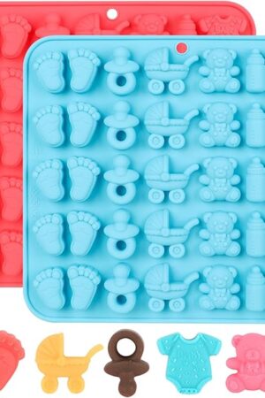 Baby Shower Chocolate Molds, 2 Pack Baby Feet Mold, Baby Onesie Baby Bottle Pacifier Baby Carriage Bear Mold, Baby Silicone Mold for Candy Gummy Cake Cupcake Decoration