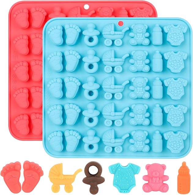Baby Shower Chocolate Molds, 2 Pack Baby Feet Mold, Baby Onesie Baby Bottle Pacifier Baby Carriage Bear Mold, Baby Silicone Mold for Candy Gummy Cake Cupcake Decoration