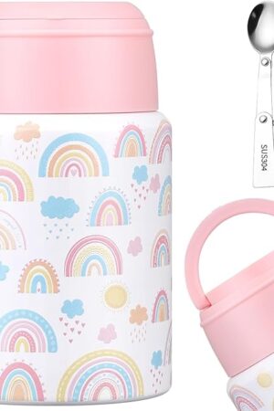 17oz Soup Thermo for Hot Food Kids Insulated Food Jar,Thermo Hot Food Lunch Container, Width Mouth Stainless Steel Lunch Box for Kids with Handle Folding Spoon(White - Little Rainbow)