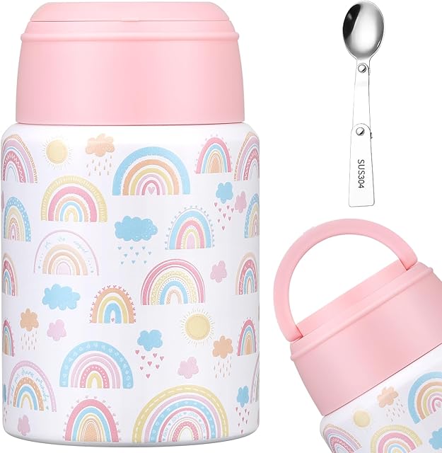 17oz Soup Thermo for Hot Food Kids Insulated Food Jar,Thermo Hot Food Lunch Container, Width Mouth Stainless Steel Lunch Box for Kids with Handle Folding Spoon(White - Little Rainbow)