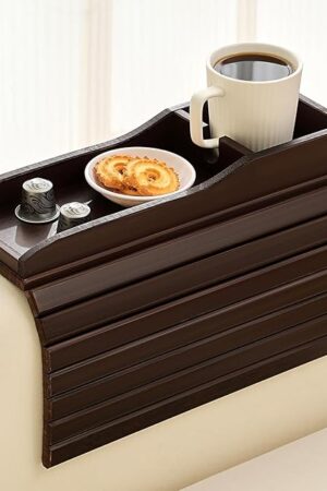 Bamboo Couch Cup Holder Arm Tray Table，Couch Drink Holder，Sofa Cup Holder Armrest Tray，Anti-Slip Foldable Arm Chair Table Tray Recliners for Drink,Cups, Snacks, Phone, Remote