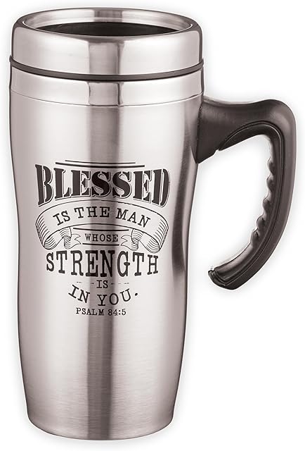 Christian Art Gifts Stainless Steel Travel Mug Double-Wall Vacuum Insulated Coffee Cup with Lid and Handle 16 oz BPA-free Lead-free Eco-Friendly Mug - Blessed Is The Man - Psalm 84:5