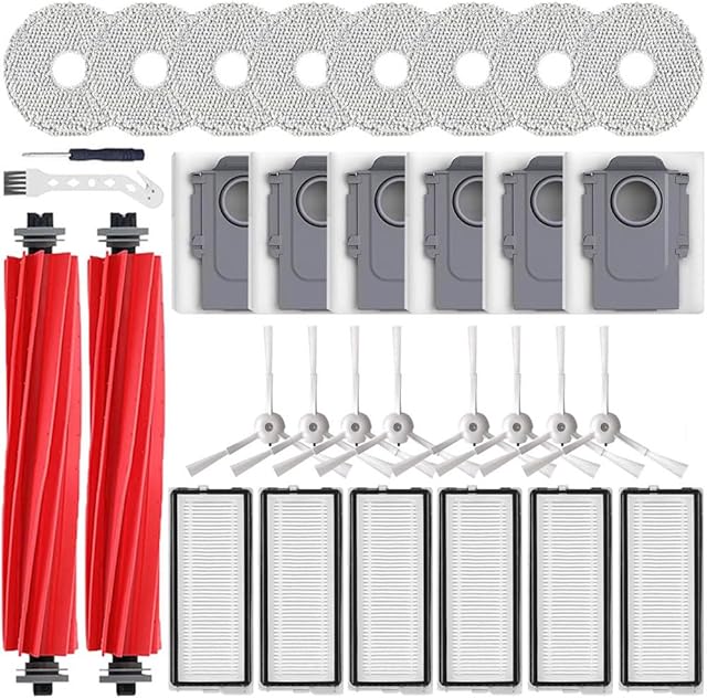 32 Pcs Accessories Compatible with Roborock Qrevo S/Qrevo Plus/Qrevo MaxV/Qrevo Pro Vacuum Cleaner,2 Main Brushes,8 Side Brushes&Mop Pads+6 Filters&Bags,1 Cleaning Brush 1 Screwdriver