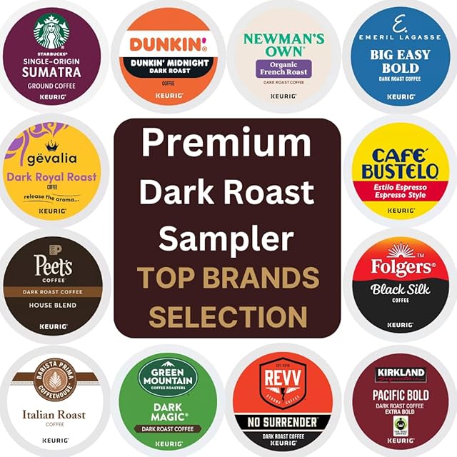 24 Count Dark Roast Coffee Variety Pack Sampler Includes Dunkin Midnight, Starbucks Sumatra, Big Easy Bold, Black Silk, Cafe Bustelo espresso, Kirkland Pacific, Barista Prima Italian, Peet's house blend, Revv No Surender, Green Mountain Dark Magic, Gevalia Royal Roast, And Newmans Fench K-Cup Coffee Pods (12 Unique Blends)