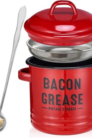 Bacon Grease Container with Strainer - Large 46OZ Red Kitchen Oil Storage Can, Food Saver Bin with Lid | Farmhouse Cooking Pot Keeper Collector, Dishwasher Safe - Red
