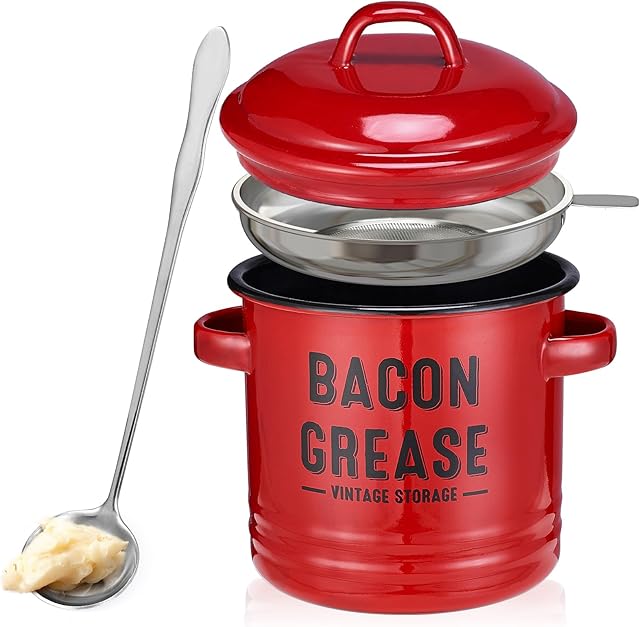 Bacon Grease Container with Strainer - Large 46OZ Red Kitchen Oil Storage Can, Food Saver Bin with Lid | Farmhouse Cooking Pot Keeper Collector, Dishwasher Safe - Red