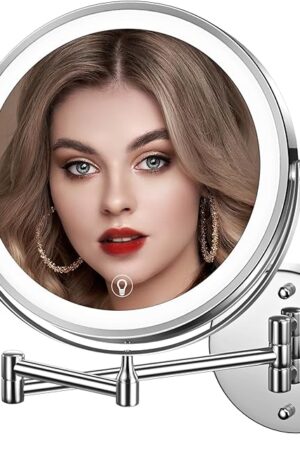 Wall Mounted Lighted Makeup Mirror, 8" Rechargeable Double-Sided Light up Magnifying Mirror 1x/10x, 3 Colors Led Vanity Mirror with Lights, Touch Dimmable 360° Rotation Foldable
