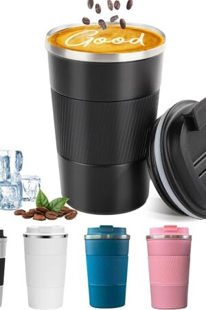 YINBAOGE 12 OZ Insulated Travel Coffee Mug, Stainless Steel, Black | Spill & Leak Proof | For Hot & Cold Drinks | Portable | Reusable Coffee Cups | For Camping & To Go | Thermos Tumbler