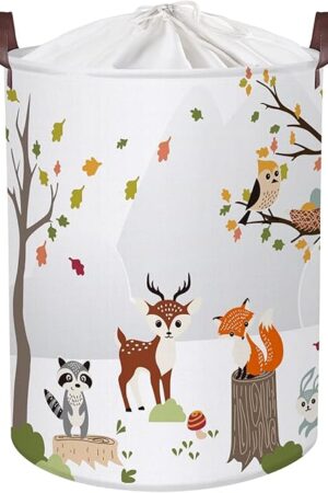 Clastyle 45L Woodland Animals Laundry Basket Collapsible Waterproof Forest Fox Storage Basket with Handle Kids Room Jungle Deer Laundry Hamper with Drawstring, 14 * 17.7 in