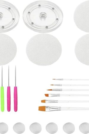 Cookie Decorating Kit Supplies Including 2 Acrylic Cookie Turntable 6 Cookie Scribe Needle 4 Silicone Mesh Mats 6 Cookie Decoration Brushes 8 Rubber Feet Bumpers (Number A)