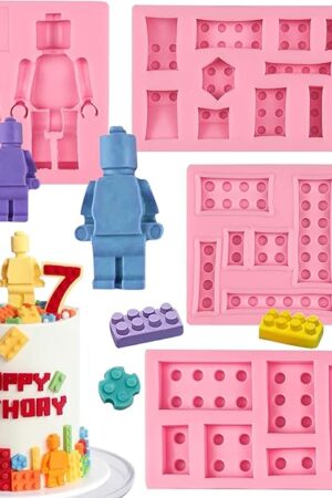 Building Blocks Cake Decorating Fondant Molds (4Pcs), Robot Chocolate Silicone Mold, Kids Birthday Party Baking Tools, Candy Mousse Biscuit Butter Jelly Gum Sugar Craft Epoxy Resin Clay Gypsum