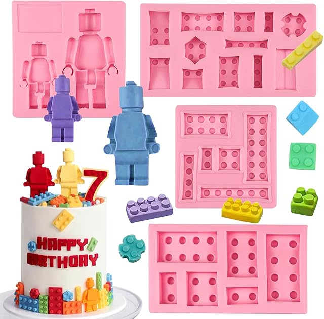 Building Blocks Cake Decorating Fondant Molds (4Pcs), Robot Chocolate Silicone Mold, Kids Birthday Party Baking Tools, Candy Mousse Biscuit Butter Jelly Gum Sugar Craft Epoxy Resin Clay Gypsum