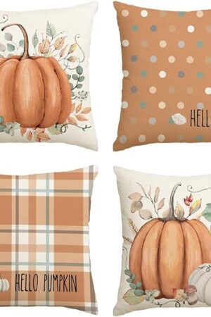 AVOIN colorlife Hello Fall Hello Pumpkin Throw Pillow Covers, 18 x 18 Inch Autumn Thanksgiving Harvest Orange Eucalyptus Decorations for Sofa Couch Set of 4