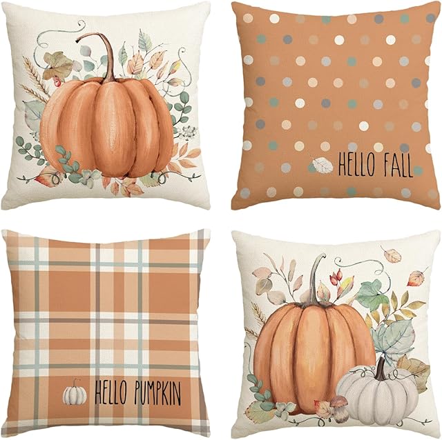 AVOIN colorlife Hello Fall Hello Pumpkin Throw Pillow Covers, 18 x 18 Inch Autumn Thanksgiving Harvest Orange Eucalyptus Decorations for Sofa Couch Set of 4