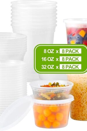 AOZITA 24 Sets Plastic Deli Food Containers With Lids, 8 oz 16oz 32oz Variety pack, Airtight Food Storage Containers, Freezer/Dishwasher/Microwave Safe, Soup Containers For Takeout Food Storage