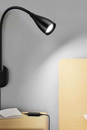 Wall-Mounted LED Bedside Reading Light with USB Charging Port, 10-Level Dimmable & Adjustable 5 Color, Plug-in Adhesive Night Lamp for Books in Bed, Eye-Caring Bedroom Lighting (Black)