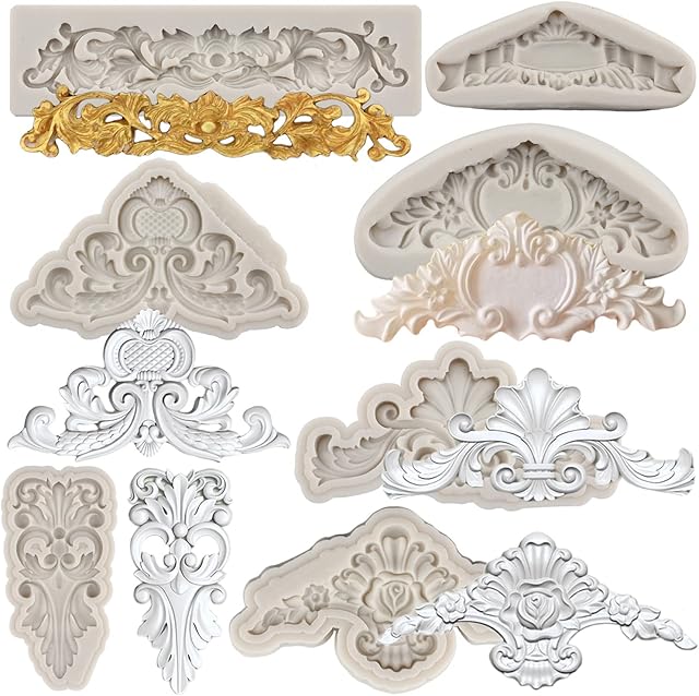 Baroque Style Curlicues Scroll Lace Silicone Fondant Molds Relief Flower Molds Filigree Mold For 3D Sculpted Cake Decoration Cupcake Topper Chocolate Gum Paste Candy Polymer Clay Set Of 7