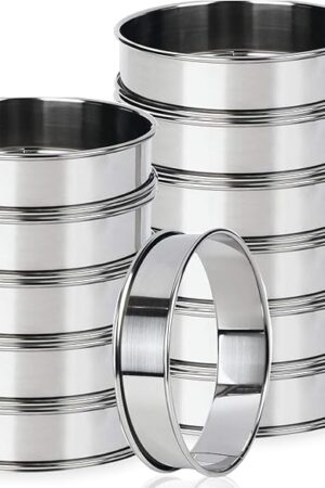 12 Pack 4 Inch Metal English Muffin Ring Nonstick Crumpet Rings Stainless Steel Double Rolled Tart Molds with Silicone Brush for Kitchen Baking