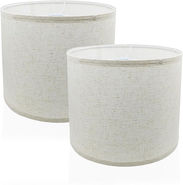 Lampshades, Set of 2 Linen Linen Drum Lamp Shades 11.6" Top x 12.6" Bottom x 9.8" High, Spider Fitter Replacement for Table/Floor/Bedside Lamps, Easy Assembly, Modern & Rustic Home Decor