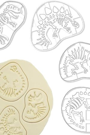 4 Pcs Dinosaur Cookie Cutters Dinosaur Skeleton Fossil Cookie Cutters Stegosaurus T-Rex Tanystropheus Triceratops Bone Fossil Mold for Stamp Baking Dinosaur Biscuits Enthusiasts