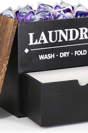 Dryer Sheet Holder with Drawer and Lid, Wood Dryer Sheet Dispenser and Laundry Pods Container for Laundry Room Organization and Storage, Laundry Pod Holder Wall Mount for Laundry Room Decor (Black)