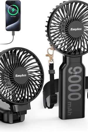 EasyAcc Portable Handheld Fan, Hands-Free Neck Fan 9000mAh Rechargeable [53H Cooling Time+ Camera Strap] -Backup Power/4 Speeds - Neck Fan Small Desk Fan Electric Fan for Travel Outdoor Home Black