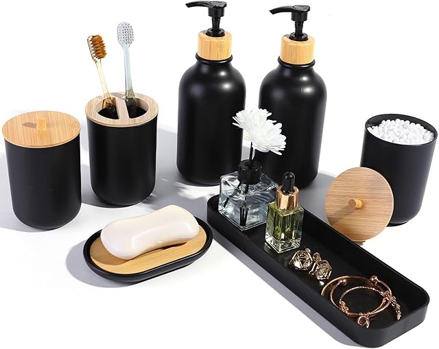 Matte Black Bathroom Accessories Set 7 Pcs,Bamboo Bathroom Accessories Sets,Black Soap Dispenser and Toothbrush Holder Set,Qtip Holder,Vanity Tray,Soap Dish,Modern Bathroom Decor